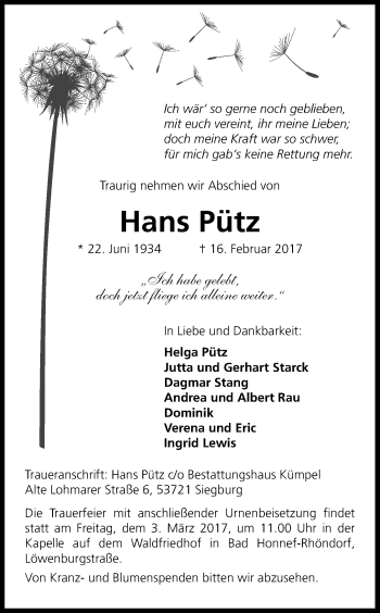 Anzeige von Hans Pütz von Kölner Stadt-Anzeiger / Kölnische Rundschau / Express