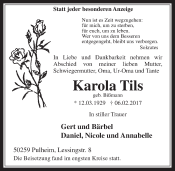 Anzeige von Karola Tils von  Sonntags-Post 