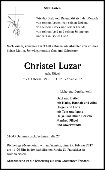 Anzeige von Christel Luzar von Kölner Stadt-Anzeiger / Kölnische Rundschau / Express