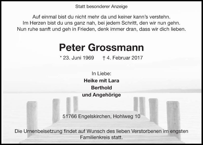  Traueranzeige für Peter Grossmann vom 08.02.2017 aus  Anzeigen Echo 