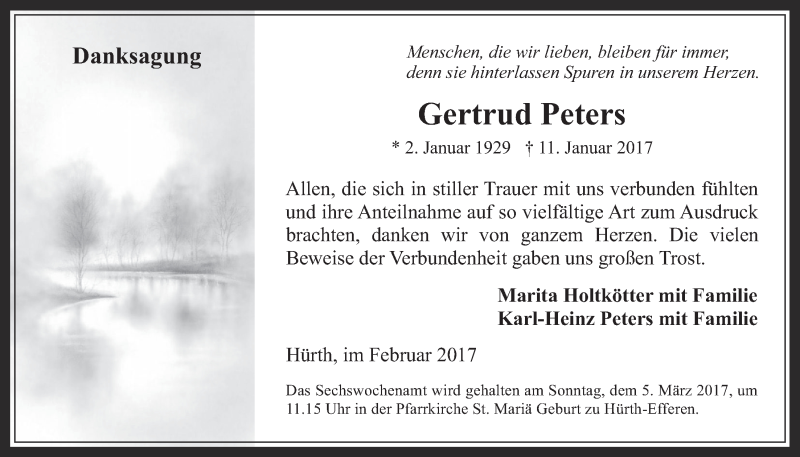  Traueranzeige für Gertrud Peters vom 22.02.2017 aus  Wochenende 