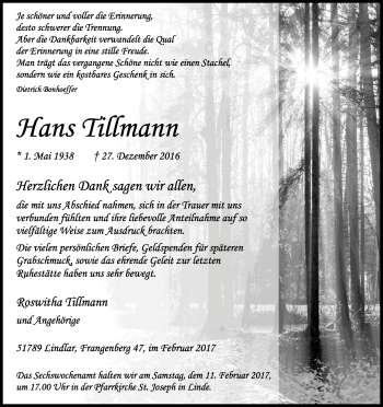 Anzeige von Hans Tillmann von Kölner Stadt-Anzeiger / Kölnische Rundschau / Express