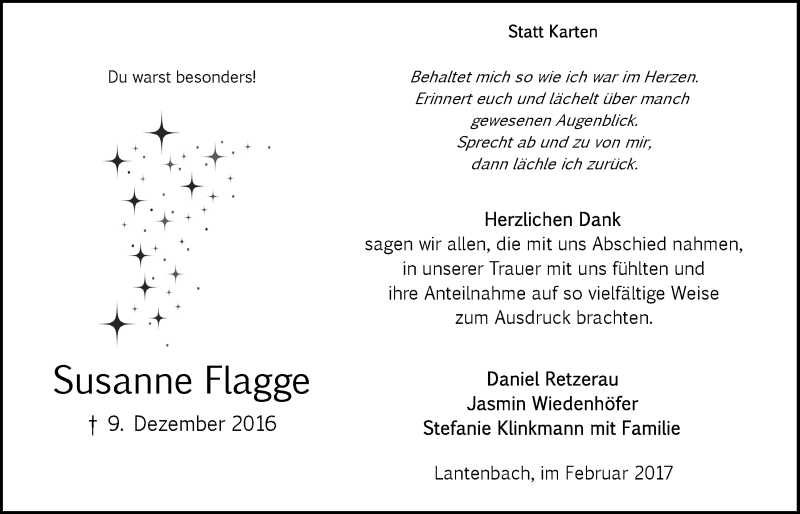  Traueranzeige für Susanne Flagge vom 15.02.2017 aus  Anzeigen Echo 