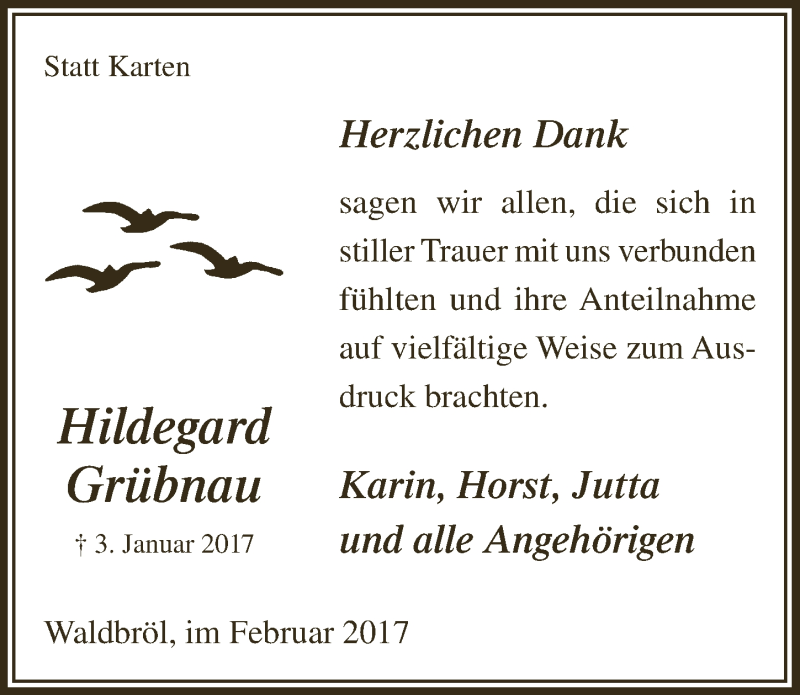  Traueranzeige für Hildegard Grübnau vom 15.02.2017 aus  Lokalanzeiger 