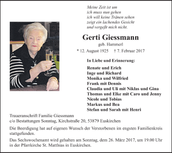 Anzeige von Gerti Giessmann von  Blickpunkt Euskirchen 