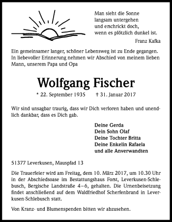 Anzeige von Wolfgang Fischer von Kölner Stadt-Anzeiger / Kölnische Rundschau / Express