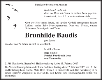 Anzeige von Brunhilde Baudis von  Lokalanzeiger 