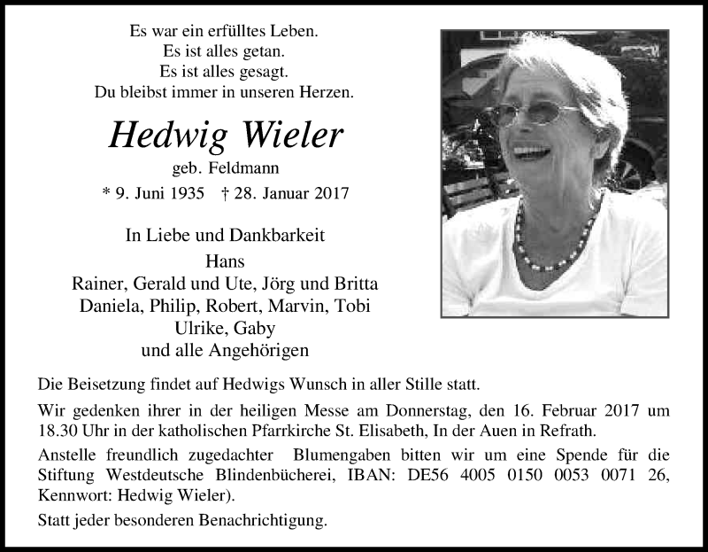  Traueranzeige für Hedwig Wieler vom 11.02.2017 aus Kölner Stadt-Anzeiger / Kölnische Rundschau / Express