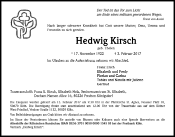 Anzeige von Hedwig Kirsch von Kölner Stadt-Anzeiger / Kölnische Rundschau / Express