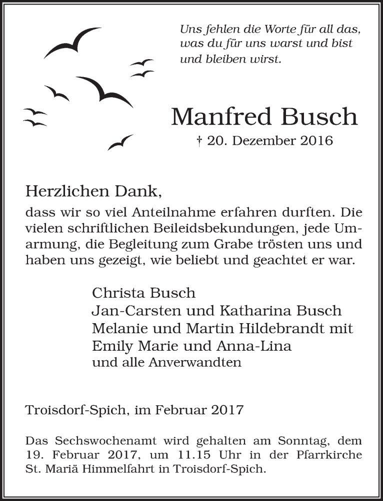  Traueranzeige für Manfred Busch vom 11.02.2017 aus  Rhein-Sieg-Wochenende 
