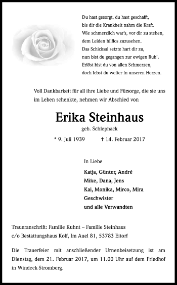 Anzeige von Erika Steinhaus von Kölner Stadt-Anzeiger / Kölnische Rundschau / Express