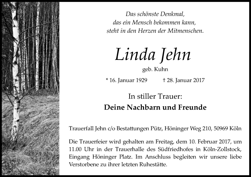  Traueranzeige für Linda Jehn vom 04.02.2017 aus Kölner Stadt-Anzeiger / Kölnische Rundschau / Express
