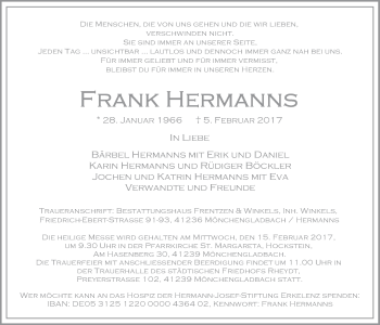 Anzeige von Frank Hermanns von  Sonntags-Post 