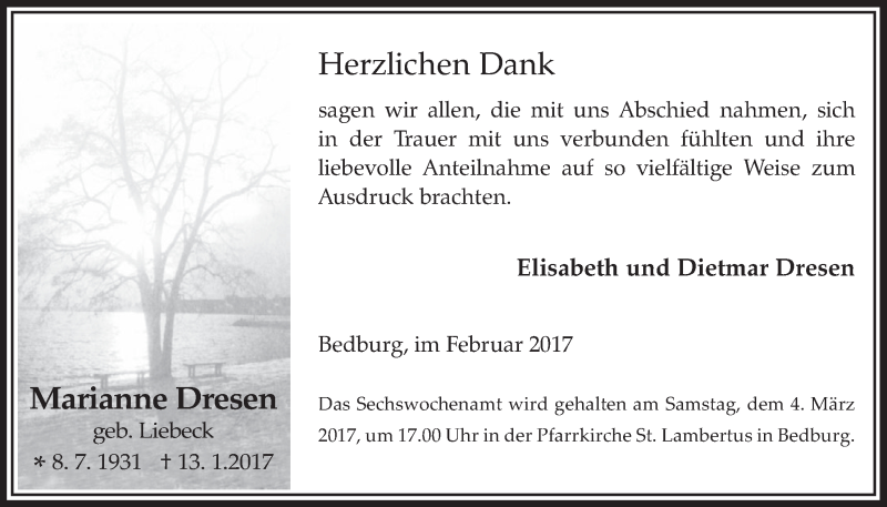 Traueranzeige für Marianne Dresen vom 01.03.2017 aus  Werbepost 