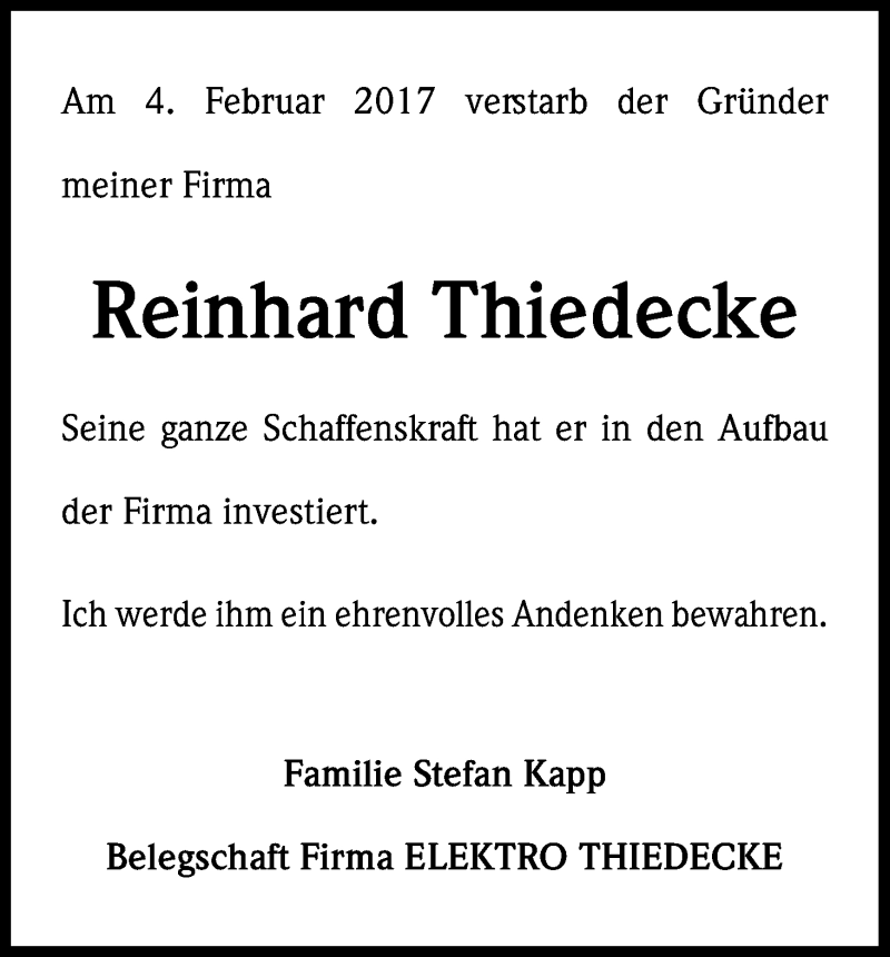  Traueranzeige für Reinhard Thiedecke vom 10.02.2017 aus Kölner Stadt-Anzeiger / Kölnische Rundschau / Express