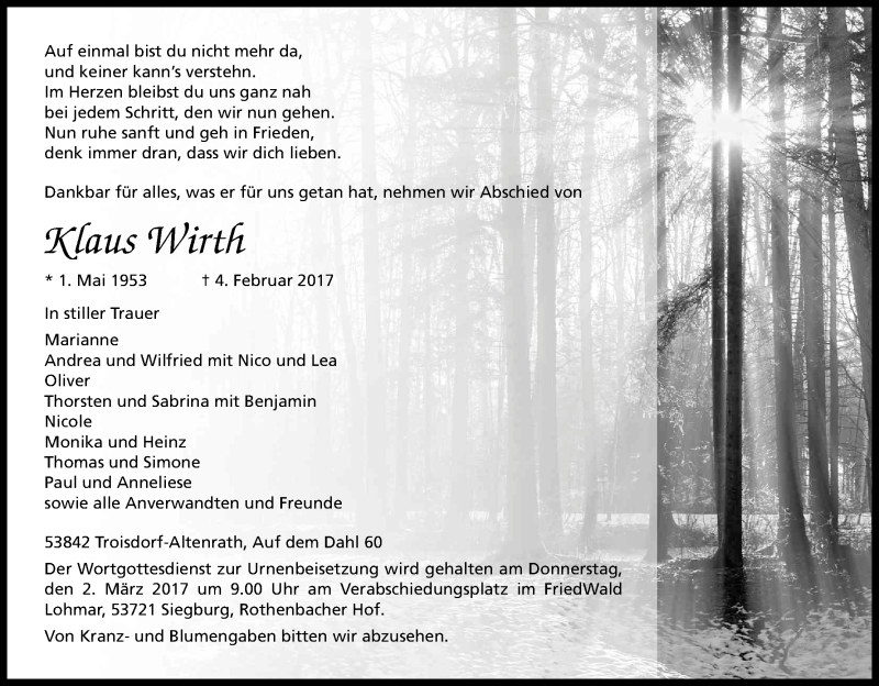 Traueranzeige für Klaus Wirth vom 18.02.2017 aus Kölner Stadt-Anzeiger / Kölnische Rundschau / Express