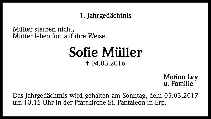  Traueranzeige für Sofie Müller vom 01.03.2017 aus Kölner Stadt-Anzeiger / Kölnische Rundschau / Express