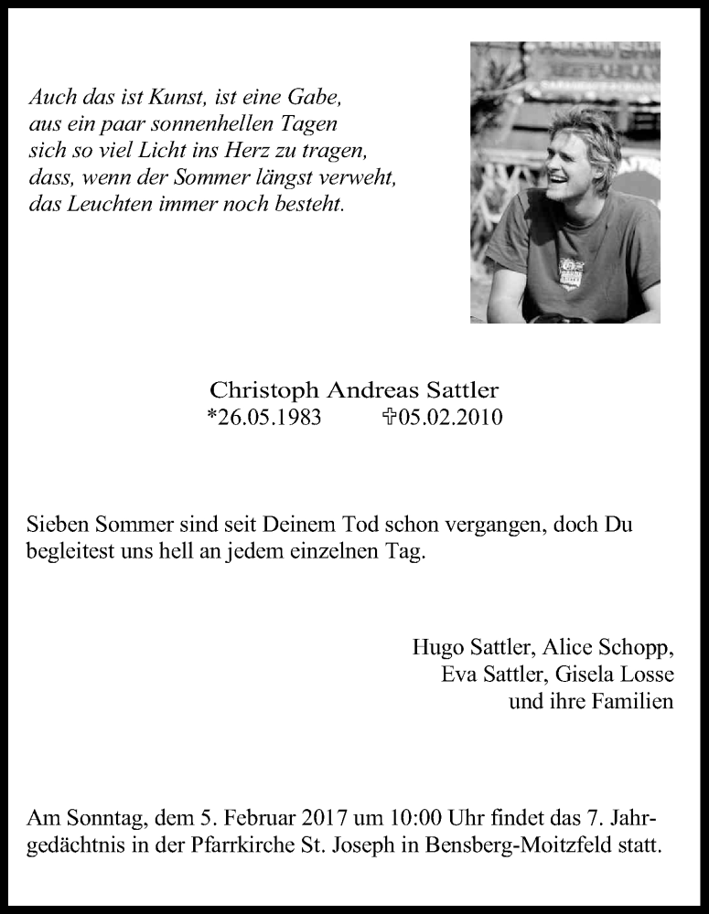  Traueranzeige für Christoph Andreas Sattler vom 04.02.2017 aus Kölner Stadt-Anzeiger / Kölnische Rundschau / Express
