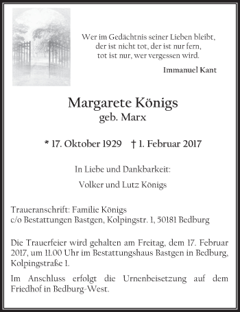 Anzeige von Margarete Königs von  Werbepost 