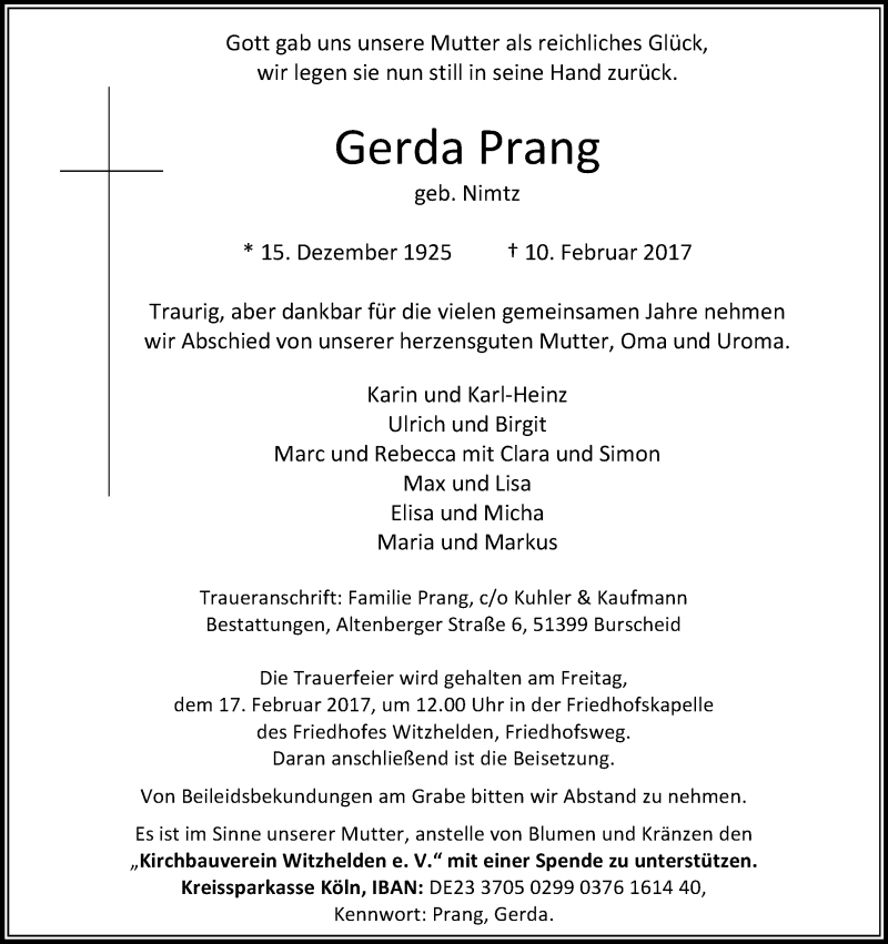  Traueranzeige für Gerda Prang vom 15.02.2017 aus Kölner Stadt-Anzeiger / Kölnische Rundschau / Express
