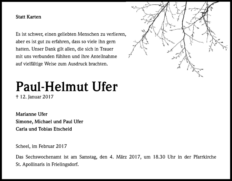  Traueranzeige für Paul-Helmut Ufer vom 25.02.2017 aus Kölner Stadt-Anzeiger / Kölnische Rundschau / Express