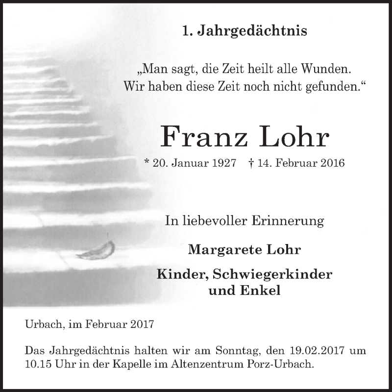  Traueranzeige für Franz Lohr vom 15.02.2017 aus  Kölner Wochenspiegel 