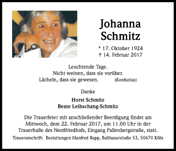 Anzeige von Johanna Schmitz von Kölner Stadt-Anzeiger / Kölnische Rundschau / Express