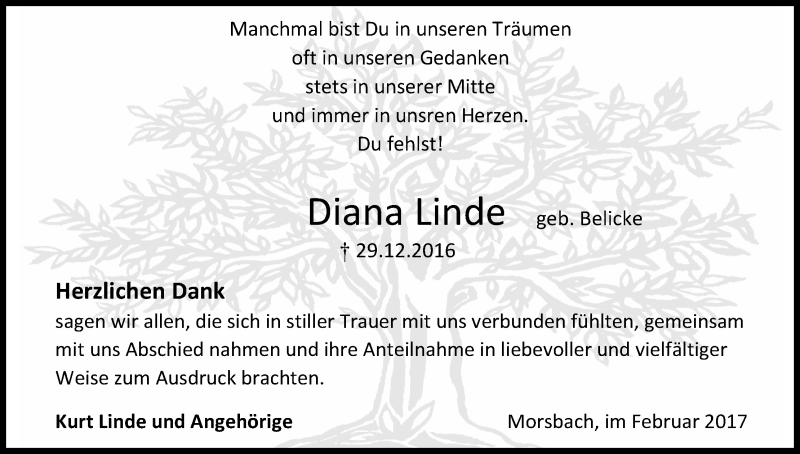  Traueranzeige für Diana Linde vom 04.02.2017 aus Kölner Stadt-Anzeiger / Kölnische Rundschau / Express
