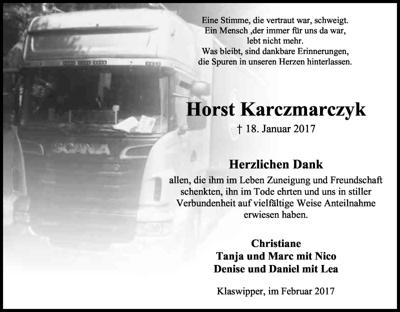  Traueranzeige für Horst Karczmarczyk vom 25.02.2017 aus Kölner Stadt-Anzeiger / Kölnische Rundschau / Express