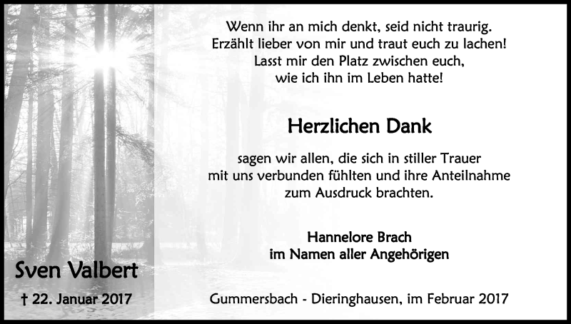  Traueranzeige für Sven Valbert vom 22.02.2017 aus Kölner Stadt-Anzeiger / Kölnische Rundschau / Express