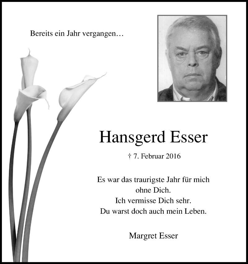  Traueranzeige für Hansgerd Esser vom 07.02.2017 aus Kölner Stadt-Anzeiger / Kölnische Rundschau / Express