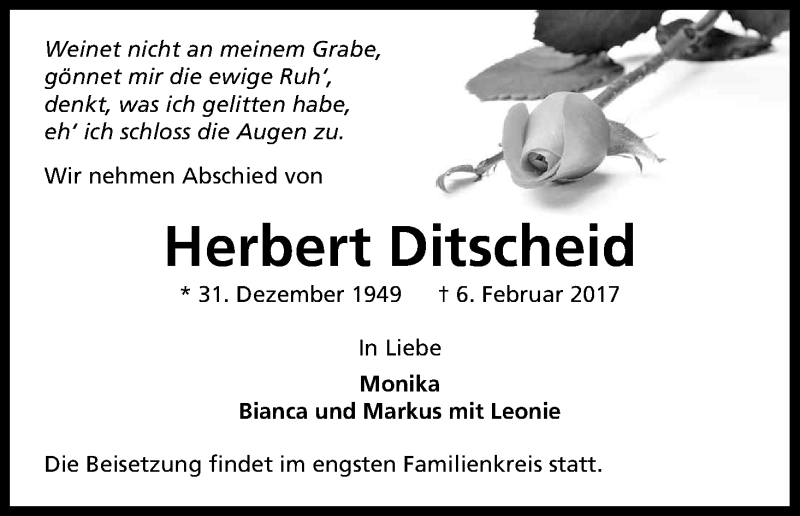  Traueranzeige für Herbert Ditscheid vom 09.02.2017 aus Kölner Stadt-Anzeiger / Kölnische Rundschau / Express