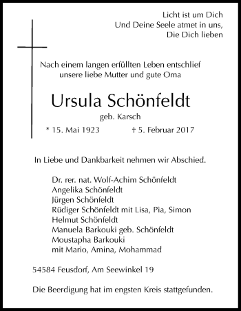 Anzeige von Ursula Schönfeldt von Kölner Stadt-Anzeiger / Kölnische Rundschau / Express