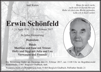 Anzeige von Erwin Schönfeld von  Bergisches Sonntagsblatt 