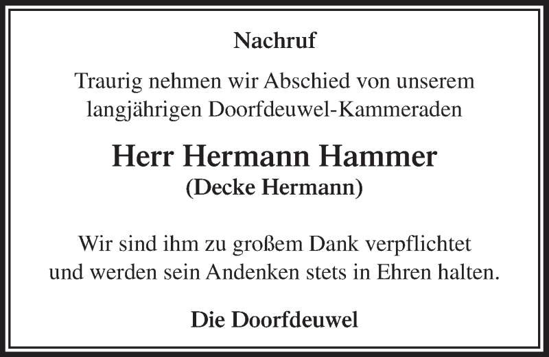  Traueranzeige für Hermann Hammer vom 15.02.2017 aus  Lokalanzeiger 