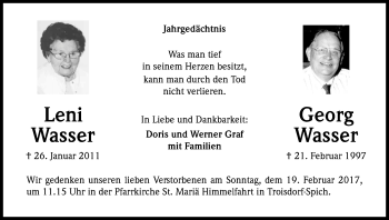 Anzeige von Leni und Georg Wasser von Kölner Stadt-Anzeiger / Kölnische Rundschau / Express