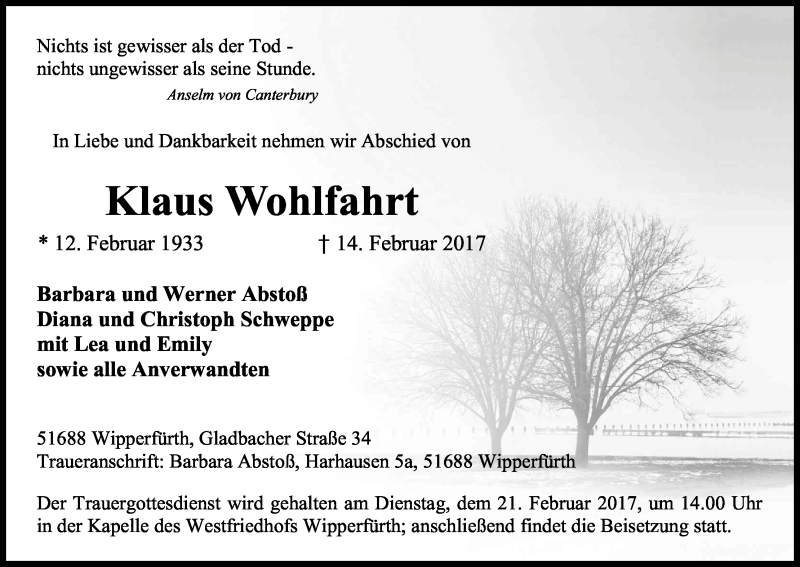  Traueranzeige für Klaus Wohlfahrt vom 17.02.2017 aus Kölner Stadt-Anzeiger / Kölnische Rundschau / Express