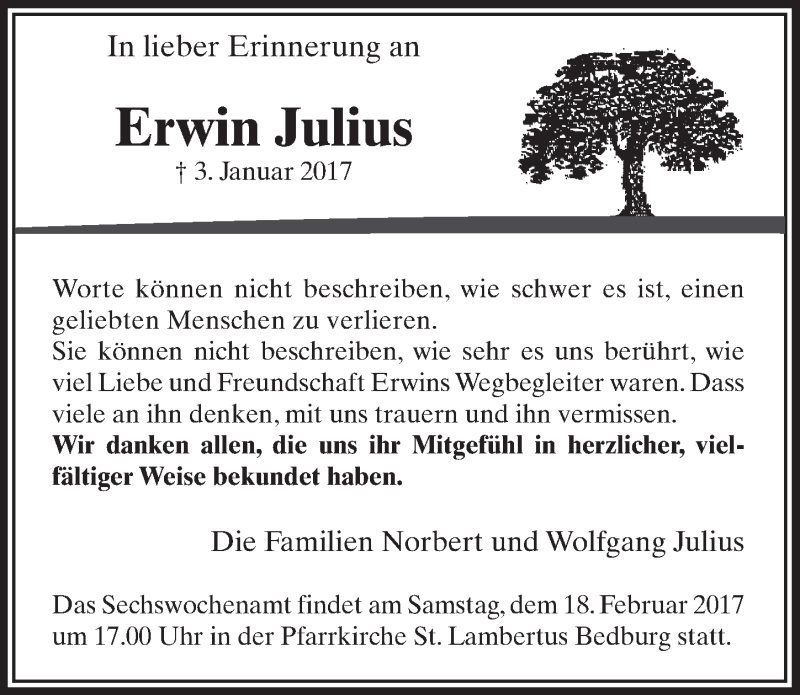  Traueranzeige für Erwin Julius vom 18.02.2017 aus  Sonntags-Post 