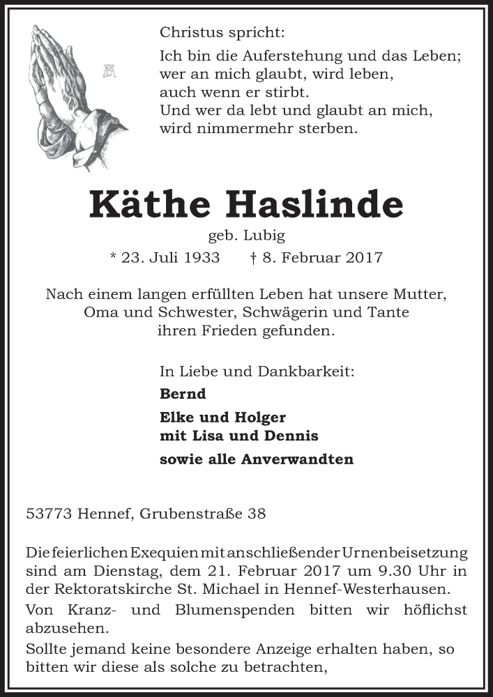  Traueranzeige für Käthe Haslinde vom 15.02.2017 aus  Extra Blatt 