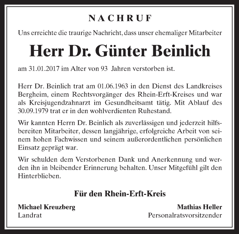  Traueranzeige für Günter Beinlich vom 22.02.2017 aus  Werbepost 