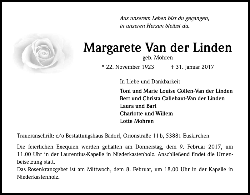  Traueranzeige für Margarete Van der Linden vom 07.02.2017 aus Kölner Stadt-Anzeiger / Kölnische Rundschau / Express
