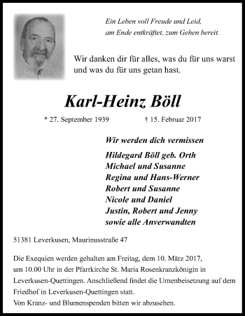 Anzeige von Karl-Heinz Böll von Kölner Stadt-Anzeiger / Kölnische Rundschau / Express