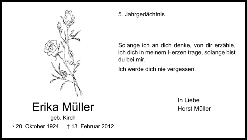  Traueranzeige für Erika Müller vom 13.02.2017 aus Kölner Stadt-Anzeiger / Kölnische Rundschau / Express