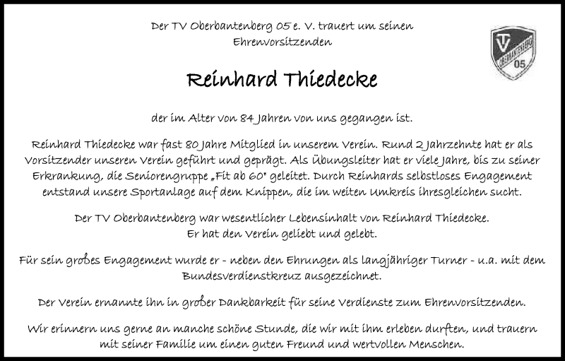  Traueranzeige für Reinhard Thiedecke vom 07.02.2017 aus Kölner Stadt-Anzeiger / Kölnische Rundschau / Express