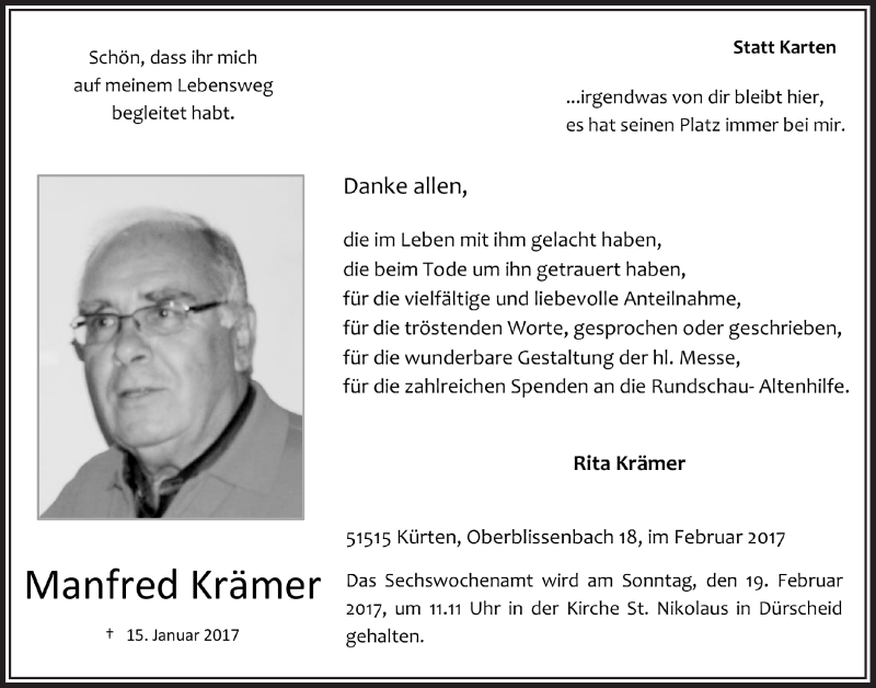  Traueranzeige für Manfred Krämer vom 15.02.2017 aus  Bergisches Handelsblatt 