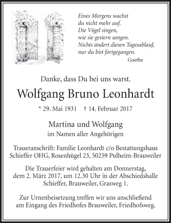 Anzeige von Wolfgang Bruno Leonhardt von  Sonntags-Post 