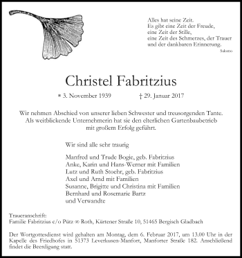 Anzeige von Christel Fabritzius von Kölner Stadt-Anzeiger / Kölnische Rundschau / Express