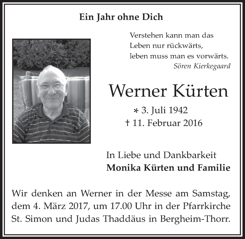  Traueranzeige für Werner Kürten vom 01.03.2017 aus  Werbepost 