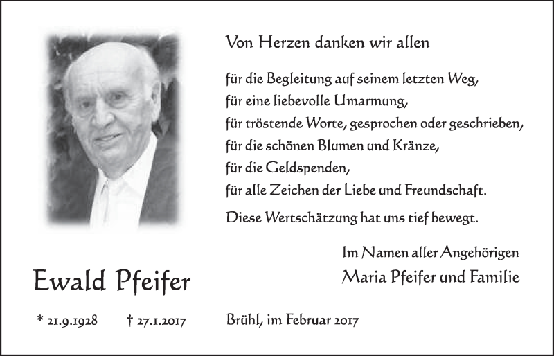  Traueranzeige für Ewald Pfeifer vom 01.03.2017 aus  Schlossbote/Werbekurier 