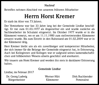 Anzeige von Horst Kremer von Kölner Stadt-Anzeiger / Kölnische Rundschau / Express